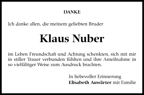 Traueranzeige von Klaus Nuber von Kreiszeitung Böblinger Bote