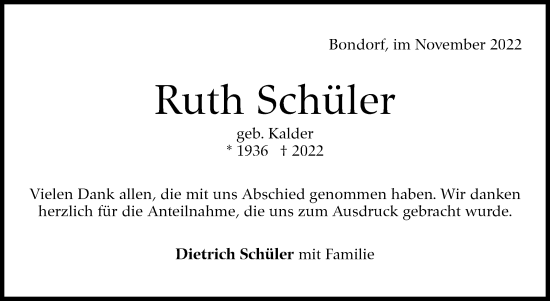 Traueranzeige von Ruth Schüler von Kreiszeitung Böblinger Bote
