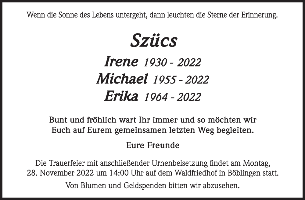  Traueranzeige für Sterbetafel vom 25.11.2022 vom 25.11.2022 aus Kreiszeitung Böblinger Bote