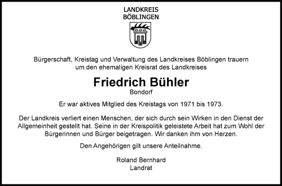 Traueranzeige von Friedrich Bühler von Kreiszeitung Böblinger Bote