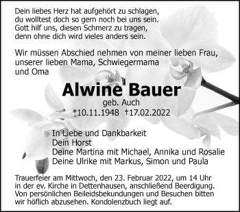 Traueranzeige von Alwine Bauer von Kreiszeitung Böblinger Bote