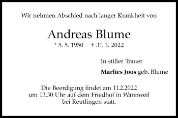 Traueranzeige von Andreas Blume von Kreiszeitung Böblinger Bote