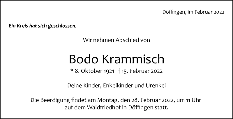  Traueranzeige für Bodo Krammisch vom 25.02.2022 aus Kreiszeitung Böblinger Bote