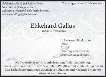 Traueranzeige von Ekkehard Gallus von Kreiszeitung Böblinger Bote