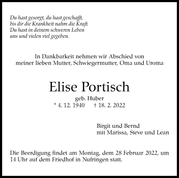 Traueranzeige von Elise Portisch von Kreiszeitung Böblinger Bote