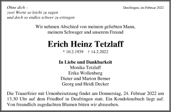 Traueranzeige von Erich Heinz Tetzlaff von Kreiszeitung Böblinger Bote