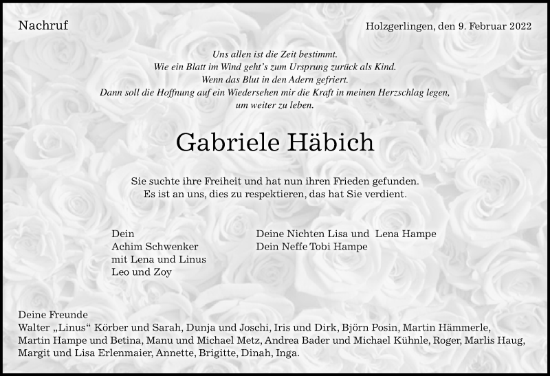  Traueranzeige für Gabriele Häbich vom 22.02.2022 aus Kreiszeitung Böblinger Bote