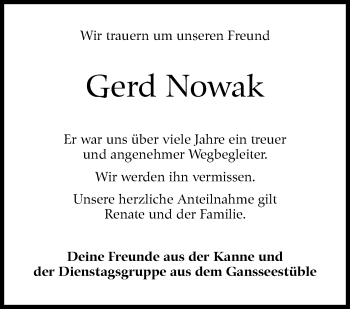 Traueranzeige von Gerd Nowak von Kreiszeitung Böblinger Bote
