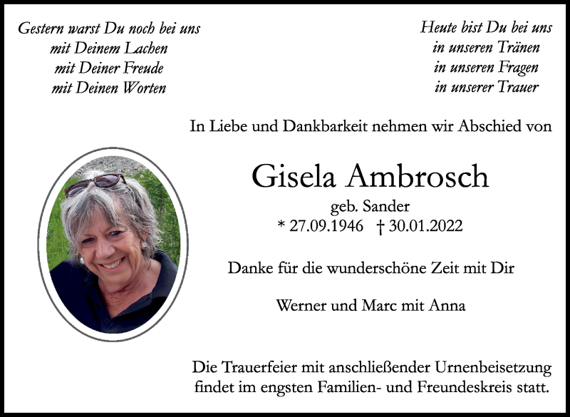 Traueranzeige für Gisela Ambrosch vom 08.02.2022 aus Kreiszeitung Böblinger Bote