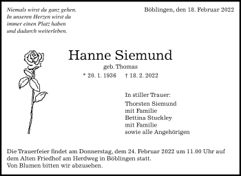 Traueranzeige von Hanne Siemund von Kreiszeitung Böblinger Bote