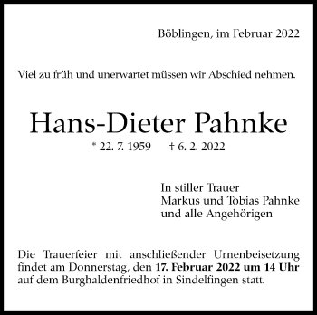 Traueranzeige von Hans-Dieter Pahnke von Kreiszeitung Böblinger Bote