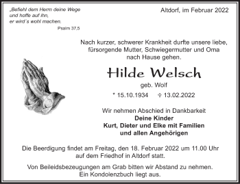 Traueranzeige von Hilde Welsch von Kreiszeitung Böblinger Bote