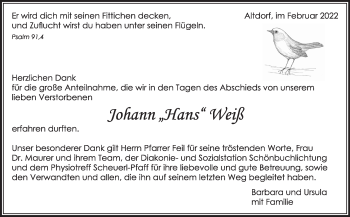 Traueranzeige von Johann Weiß von Kreiszeitung Böblinger Bote