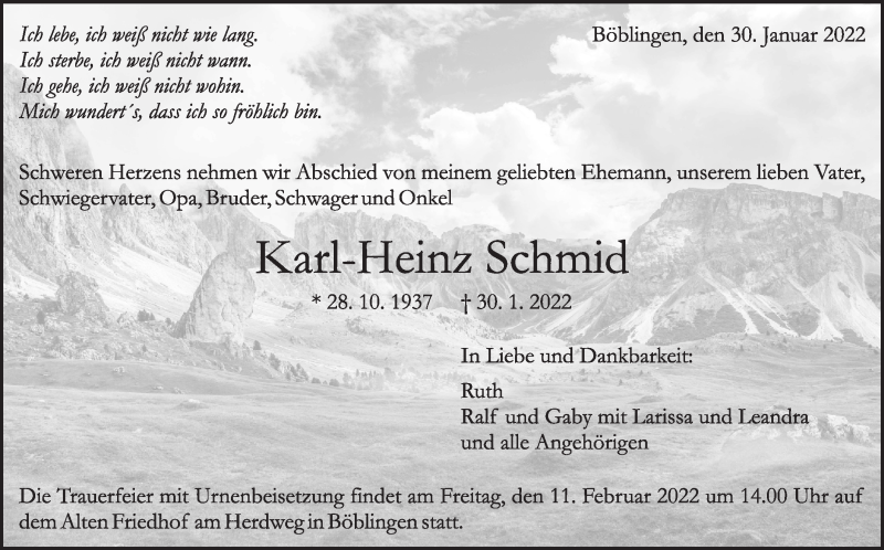  Traueranzeige für Karl-Heinz Schmid vom 05.02.2022 aus Kreiszeitung Böblinger Bote