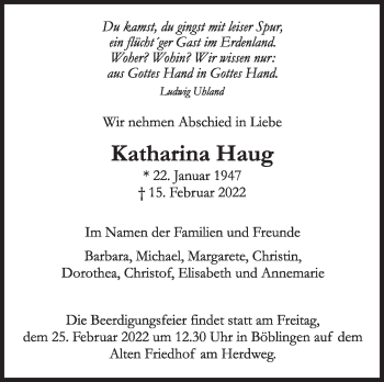 Traueranzeige von Katharina Haug von Kreiszeitung Böblinger Bote