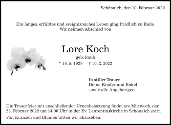 Traueranzeige von Lore Koch von Kreiszeitung Böblinger Bote
