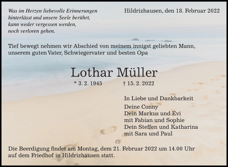  Traueranzeige für Lothar Müller vom 18.02.2022 aus Kreiszeitung Böblinger Bote