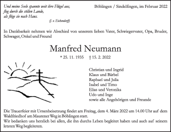 Traueranzeige von Manfred Neumann von Kreiszeitung Böblinger Bote