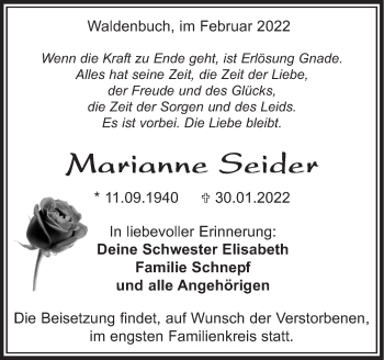 Traueranzeige von Marianne Seider von Kreiszeitung Böblinger Bote