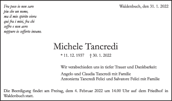 Traueranzeige von Michele Tancredi von Kreiszeitung Böblinger Bote