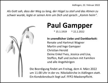 Traueranzeige von Paul Gampper von Kreiszeitung Böblinger Bote