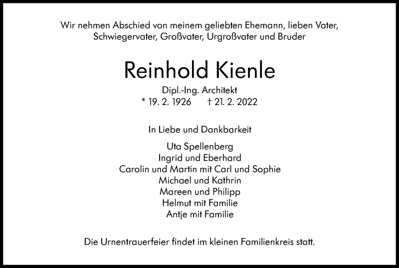  Traueranzeige für Reinhold Kienle vom 24.02.2022 aus Kreiszeitung Böblinger Bote