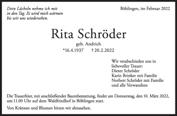 Traueranzeige von Rita Schröder von Kreiszeitung Böblinger Bote
