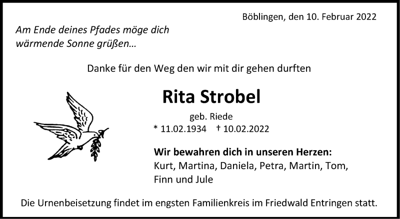  Traueranzeige für Rita Strobel vom 17.02.2022 aus Kreiszeitung Böblinger Bote
