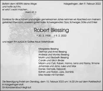 Traueranzeige von Robert Blessing von Kreiszeitung Böblinger Bote