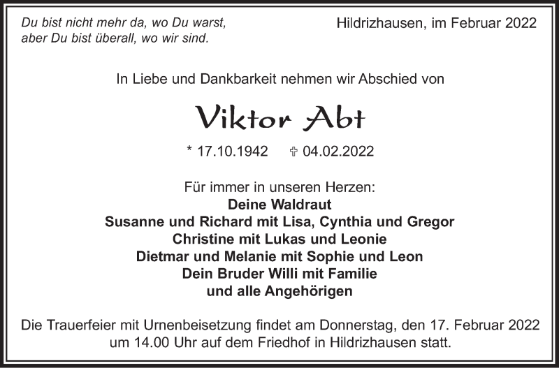  Traueranzeige für Viktor Abt vom 11.02.2022 aus Kreiszeitung Böblinger Bote