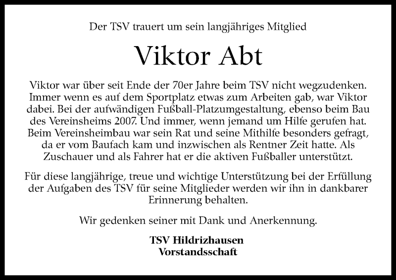  Traueranzeige für Viktor Abt vom 18.02.2022 aus Kreiszeitung Böblinger Bote