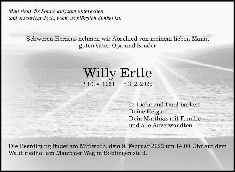  Traueranzeige für Willy Ertle vom 05.02.2022 aus Kreiszeitung Böblinger Bote