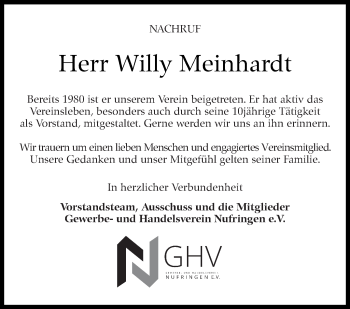 Traueranzeige von Willy Meinhardt von Kreiszeitung Böblinger Bote