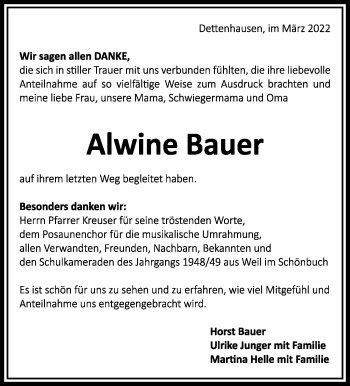 Traueranzeige von Alwine Bauer von Kreiszeitung Böblinger Bote