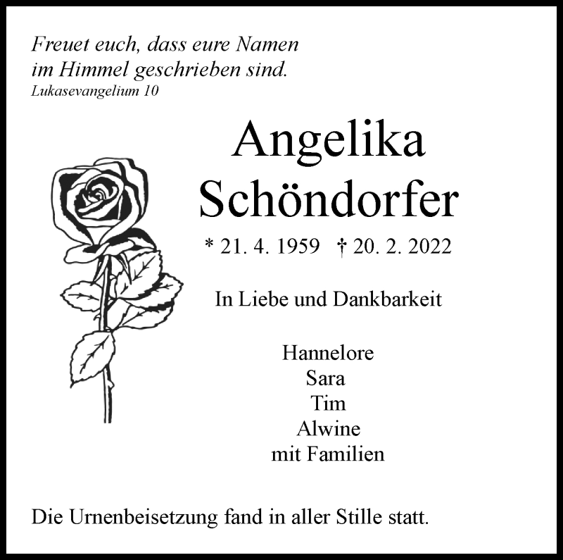  Traueranzeige für Angelika Schöndorfer vom 24.03.2022 aus Kreiszeitung Böblinger Bote