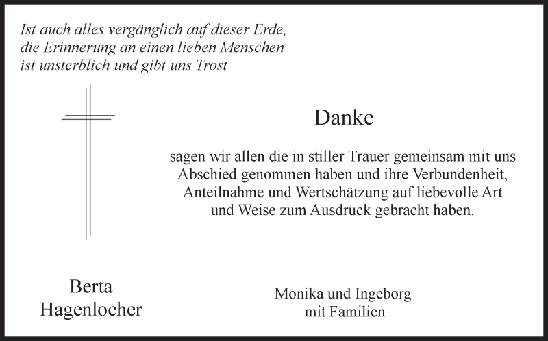  Traueranzeige für Berta Hagenlocher vom 03.03.2022 aus Kreiszeitung Böblinger Bote