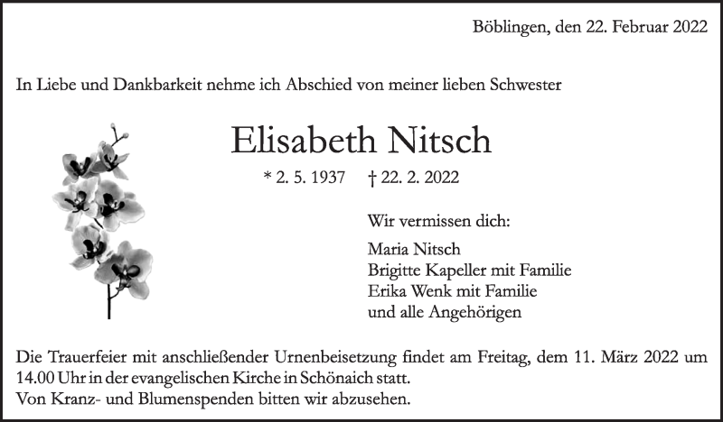  Traueranzeige für Elisabeth Nitsch vom 03.03.2022 aus Kreiszeitung Böblinger Bote
