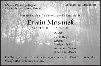 Traueranzeige von Erwin Masanek von Kreiszeitung Böblinger Bote