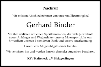 Traueranzeige von Gerhard Binder von Kreiszeitung Böblinger Bote