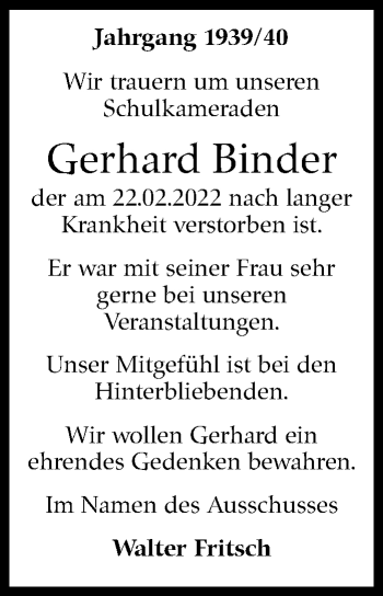 Traueranzeige von Gerhard Binder von Kreiszeitung Böblinger Bote
