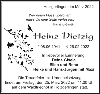 Traueranzeige von Heinz Dietzig von Kreiszeitung Böblinger Bote