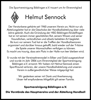 Traueranzeige von Helmut Sennock von Kreiszeitung Böblinger Bote