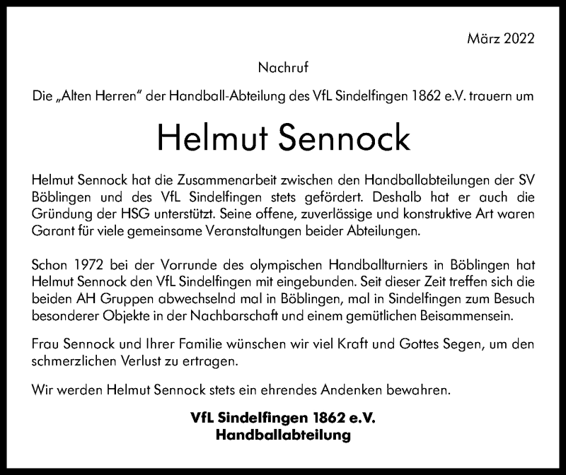  Traueranzeige für Helmut Sennock vom 11.03.2022 aus Kreiszeitung Böblinger Bote