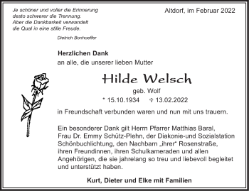 Traueranzeige von Hilde Welsch von Kreiszeitung Böblinger Bote