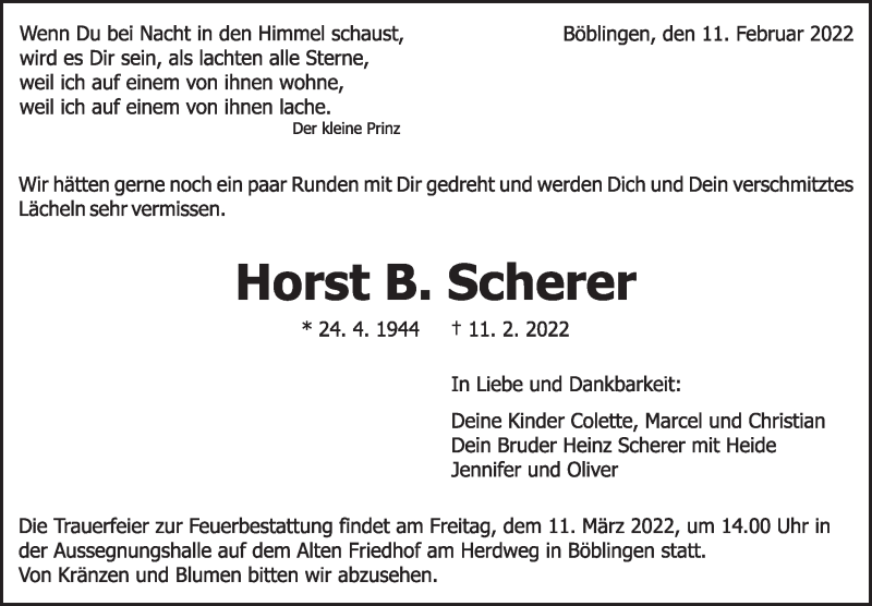  Traueranzeige für Horst  Scherer vom 05.03.2022 aus Kreiszeitung Böblinger Bote