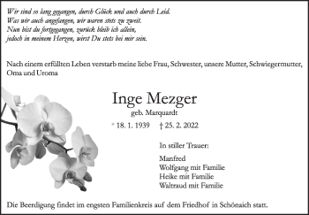 Traueranzeige von Inge Mezger von Kreiszeitung Böblinger Bote