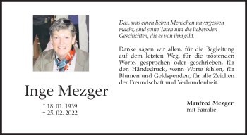 Traueranzeige von Inge Mezger von Kreiszeitung Böblinger Bote