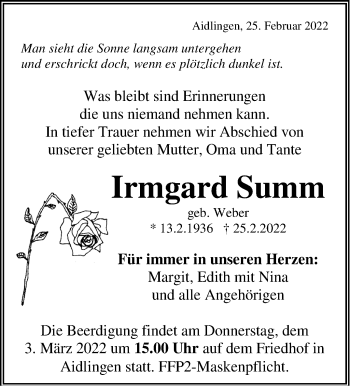 Traueranzeige von Irmgrad Summ von Kreiszeitung Böblinger Bote