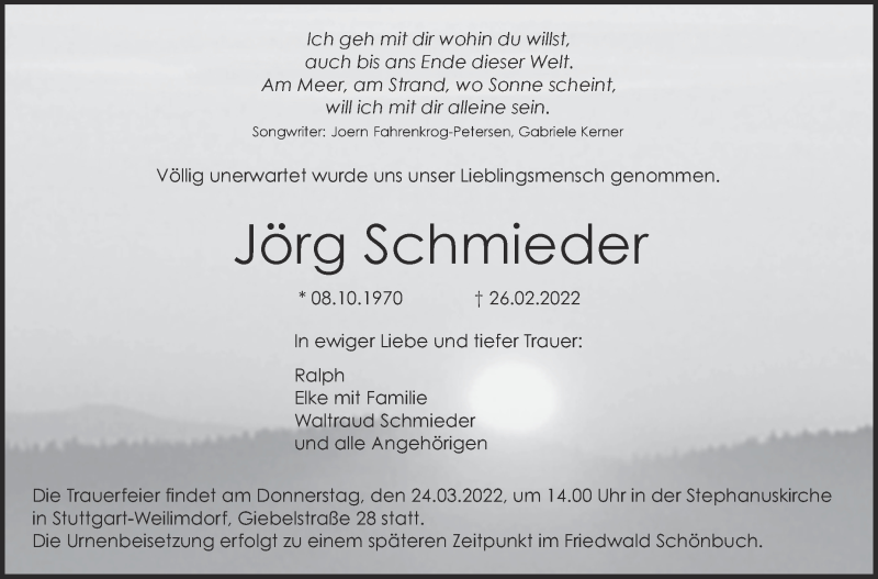  Traueranzeige für Jörg Schmieder vom 12.03.2022 aus Kreiszeitung Böblinger Bote