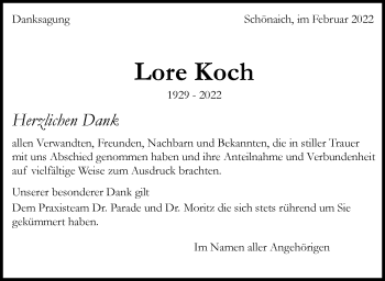 Traueranzeige von Lore Koch von Kreiszeitung Böblinger Bote